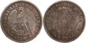 Chile 1 Peso 1870 So 
 Chile 1 Peso 1870 So &nbsp;Santiago Mint&nbsp; Silver KM#142.1&nbsp;

Grade: VF