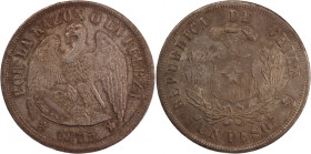Chile 1 Peso 1875 
 Chile 1 Peso 1875 Silver KM#142 
Grade: XF