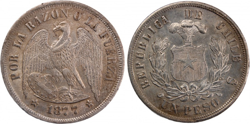 Chile 1 Peso 1877 So 
 Chile 1 Peso 1877 So Silver KM#142.1

Grade: XF+