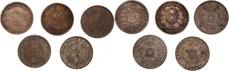 Chile 20 Centavos 1861/66/72/76/80 (Lot of 5 Coins) 
 Chile 20 Centavos 1861/66...