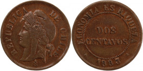 Chile 2 Centavos 1883 
 Chile 2 Centavos 1883 Chile 2 Centavos 1883 So Santiago Mint Republic Mintage: 405,000 pcs Copper KM#147a

Grade: AU