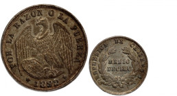 Chile 1/2 Decimo 1892 So 
 Chile 1/2 Decimo 1892 So Chile 1/2 Decimo 1892 So Republic Silver KM#137.3 (Mint error double die reverse)

Grade: UNC