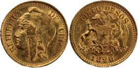 Chile 5 Pesos 1896 So 
 Chile 5 Pesos 1896 So Chile 5 Pesos 1896 So Santiago Mint Mintage: 24,000 pcs Gold KM#153

Grade: UNC