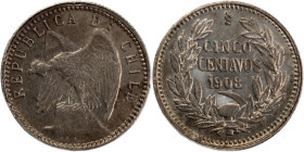 Chile 5 Centavos 1908 
 Chile 5 Centavos 1908 Chile 5 Centavos 1908 Billon KM#155.2a

Grade: UNC