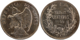 Chile 20 Centavos 1909 
 Chile 20 Centavos 1909 Chile 20 Centavos 1909 Billon KM#151.3

Grade: UNC