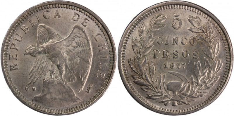 Chile 5 Pesos 1927 
 Chile 5 Pesos 1927 Chile 5 Pesos 1927 So Santiago Mint Rep...