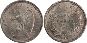 Chile 5 Pesos 1927 
 Chile 5 Pesos 1927 Chile 5 Pesos 1927 So Santiago Mint Republic Silver KM#173.2&nbsp;(narrow numeral 2.7 mm)

Grade: UNC