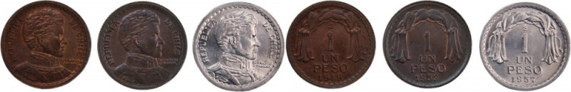 Chile 1 Peso 1949/1953/1957 (Lot of 3 Coins) 
 Chile 1 Peso 1949/1953/1957 (Lot...