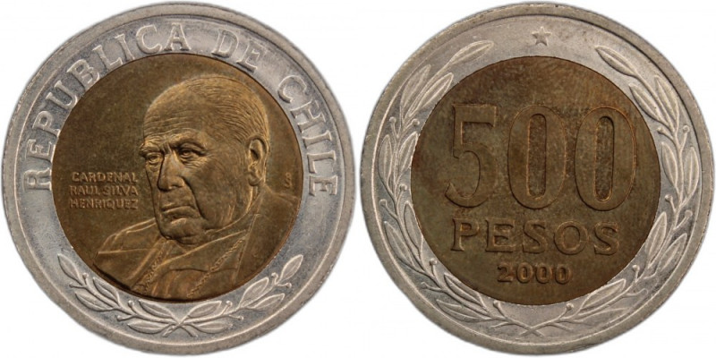 Chile 500 Pesos 2000 So 
 Chile 500 Pesos 2000 So Copper-Nickel-Zinc KM#235 
G...