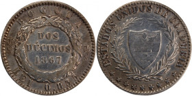 Colombia 2 Decimos 1867 
 Colombia 2 Decimos 1867 Colombia 2 Decimos 1867 Bogota Mint Silver KM#149a.1

Grade: VF+
