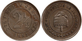Colombia 2 1/2 Centavos 1881 
 Colombia 2 1/2 Centavos 1881 Colombia 2 1/2 Centavos 1881 Heaton Mint United States of Colombia Copper-nickel KM#180 (...