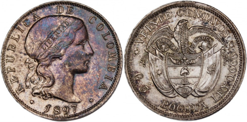 Colombia Bogota 20 Centavos 1897 
 Colombia Bogota 20 Centavos 1897 Silver KM#1...
