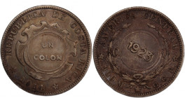 Costa Rica 1 Colon 1923 on 1914 Counterstamped 
 Costa Rica 1 Colon 1923 on 1914 Counterstamped Silver KM#164 
Grade: XF