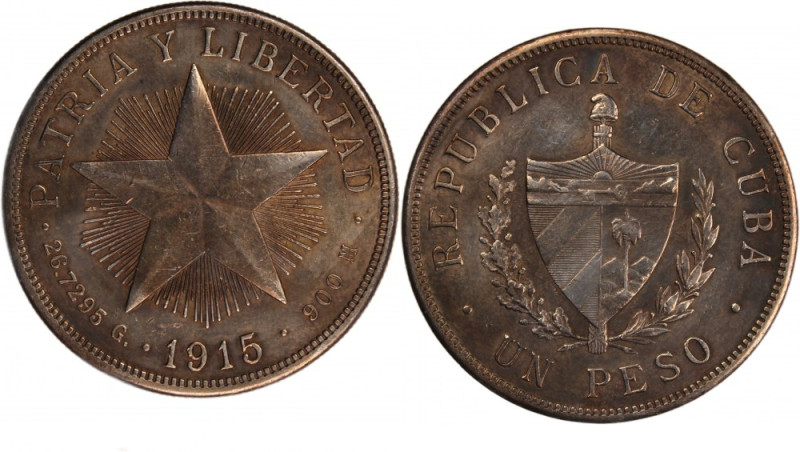 Cuba 1 Peso 1915 
 Cuba 1 Peso 1915 Silver KM#15.1 Hight Relief Star

Grade: ...