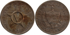 Cuba 5 Centavos 1915 
 Cuba 5 Centavos 1915 Cuba 5 Centavos 1915 Philadelphia Mint First Republic Copper-nickel KM#11.1

Grade: UNC