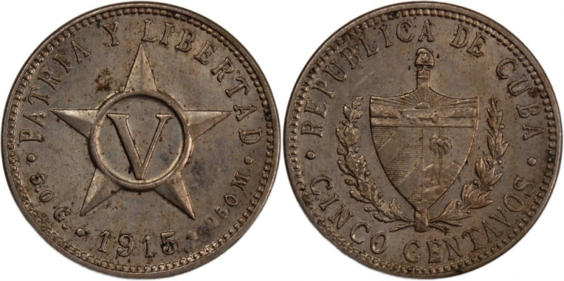 Cuba 5 Centavos 1915 
 Cuba 5 Centavos 1915 Copper-Nickel KM#11.1&nbsp; 
Grade...