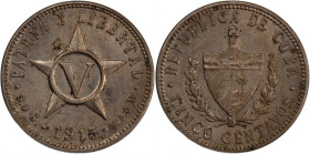 Cuba 5 Centavos 1915 
 Cuba 5 Centavos 1915 Copper-Nickel KM#11.1&nbsp; 
Grade: UNC