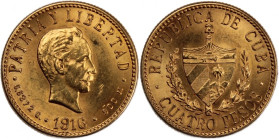 Cuba 4 Pesos 1916 
 Cuba 4 Pesos 1916 Cuba 4 Pesos 1916&nbsp;Philadelphia Mint First Republic Mintage: 128,000 pcs Gold KM#18&nbsp;JMA#103

Grade: ...