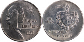 Cuba 1 Peso 1939 
 Cuba 1 Peso 1939 Cuba 1 Peso ABC Peso First Republic 1939&nbsp; Silver KM#22

Grade: UNC