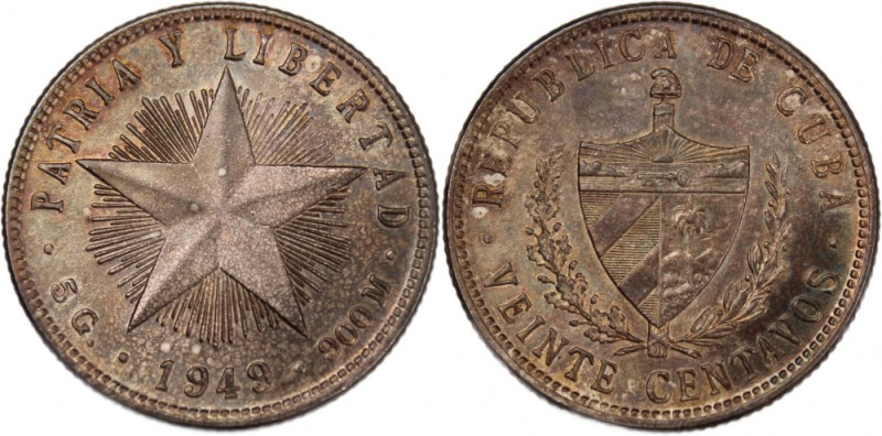 Cuba 20 Centavos 1949 
 Cuba 20 Centavos 1949 Cuba 20 Centavos 1949 Silver KM#1...