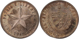 Cuba 20 Centavos 1949 
 Cuba 20 Centavos 1949 Cuba 20 Centavos 1949 Silver KM#13

Grade: UNC