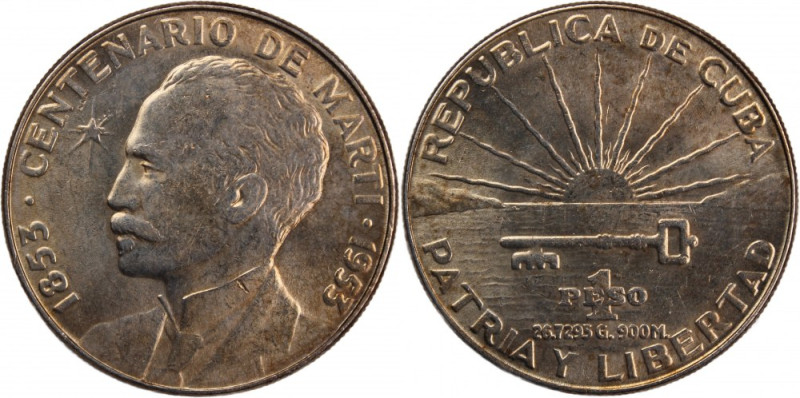 Cuba 1 Peso 1953 
 Cuba 1 Peso 1953 Silver KM#29 Jose Marti 
Grade: UNC