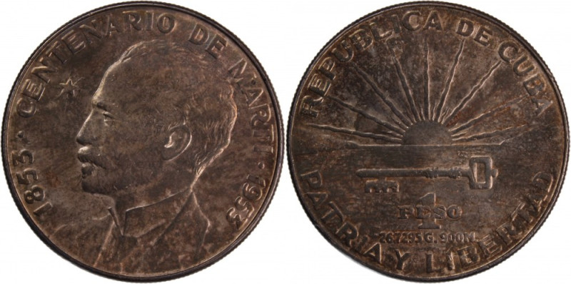 Cuba 1 Peso 1953 
 Cuba 1 Peso 1953 Silver KM#29 Jose Marti 
Grade: UNC
