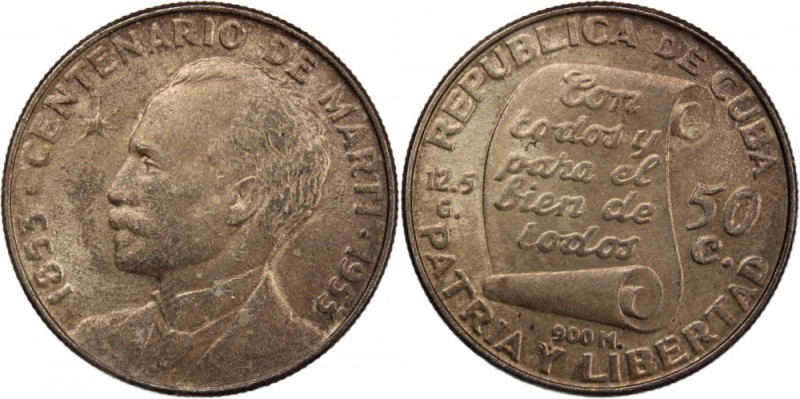 Cuba 50 Centavos 1953 
 Cuba 50 Centavos 1953 Silver KM#28 Centennial-Birth of ...