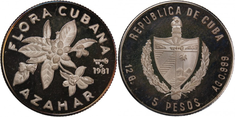 Cuba 5 Pesos 1981 
 Cuba 5 Pesos 1981 Silver KM#69 Azahar Mintage:2000 Pcs 
Gr...