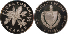 Cuba 5 Pesos 1981 
 Cuba 5 Pesos 1981 Silver KM#69 Azahar Mintage:2000 Pcs 
Grade: PROOF