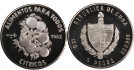 Cuba 5 Pesos 1982 
 Cuba 5 Pesos 1982 Silver KM#102 F.A.O Mintage:1040 Pcs&nbsp; 
Grade: PROOF