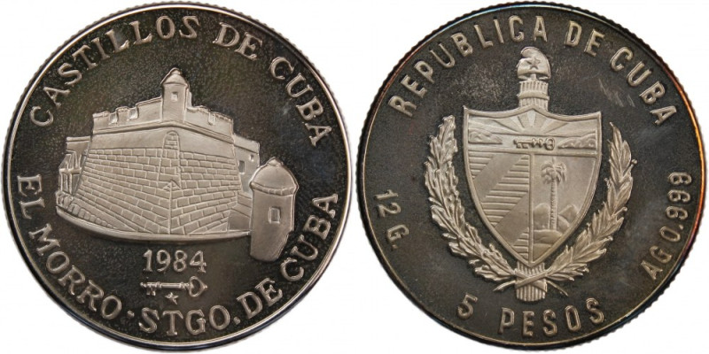 Cuba 5 Pesos 1984 
 Cuba 5 Pesos 1984 Silver KM#145 El Moro Santiago de Cuba Mi...