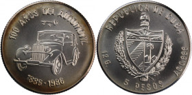 Cuba 5 Pesos 1986 
 Cuba 5 Pesos 1986 Silver KM#135 100th Anivversary of the Automobile Mintage:2500 Pcs 
Grade: UNC