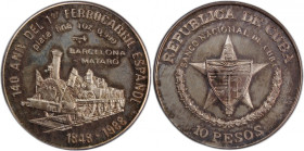 Cuba 10 Pesos 1988 
 Cuba 10 Pesos 1988 Silver KM#206 140th Anniversary First Railroad in Spain Mintage:5000 Pcs 
Grade: Proof