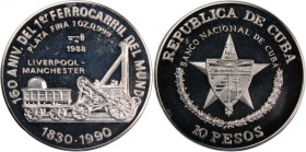 Cuba 10 Pesos 1988 
 Cuba 10 Pesos 1988 Silver KM#207 160th Anniversary-World's First Railroad Mintage:5000 Pcs 
Grade: PROOF