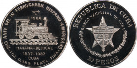 Cuba 10 Pesos 1988 
 Cuba 10 Pesos 1988 SilverKM#205 First Railroad in Spanish America Mintage:5000 Pcs 
Grade: PROOF