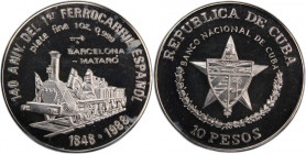 Cuba 10 Pesos 1988 
 Cuba 10 Pesos 1988 ilver KM#206 140th Anniversary First Railroad in Spain Mintage:5000 Pcs

Grade: PROOF
