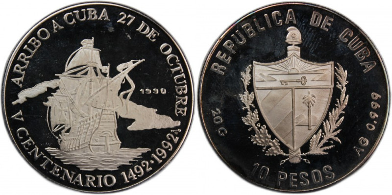 Cuba 10 Pesos 1990 
 Cuba 10 Pesos 1990 Silver KM#252.1 Discovery of America Mi...