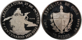 Cuba 10 Pesos 1990 
 Cuba 10 Pesos 1990 Silver KM#252.1 Discovery of America Mintage:10000 Pcs 
Grade: PROOF