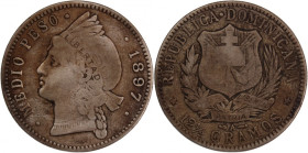 Dominican Republic 1/2 Peso 1897 A 
 Dominican Republic 1/2 Peso 1897 A Silver KM#15 
Grade: VF+