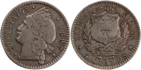 Dominican Republic 20 Centavos 1897 A 
 Dominican Republic 20 Centavos 1897 A Dominican Republic 20 Centavos 1897 A Billon KM#14

Grade: XF