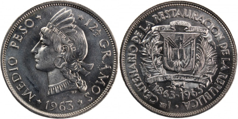Dominican Republic 1/2 Peso 1963 
 Dominican Republic 1/2 Peso 1963 Silver KM#2...