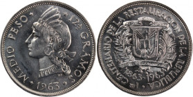 Dominican Republic 1/2 Peso 1963 
 Dominican Republic 1/2 Peso 1963 Silver KM#29&nbsp; 
Grade: UNC