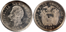 Ecuador 1/2 Decimo 1905 LIMA JF Overdate 
 Ecuador 1/2 Decimo 1905 LIMA JF Overdate Ecuador 1/2 Decimo 1905 LIMA JF Lima Mint Republic Silver KM#55.1...