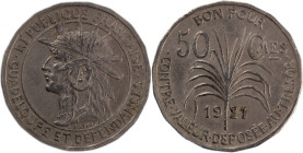Guadeloupe 50 Centimes 1921 
 Guadeloupe 50 Centimes 1921 Guadeloupe 50 Centimes 1921 Paris Mint Copper-nickel KM#45

Grade: XF+