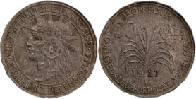 Guadeloupe 50 Centimes 1921 
 Guadeloupe 50 Centimes 1921 Copper-nickel KM#45

Grade: XF