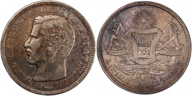 Guatemala 4 Reales 1865/55 Rare 
 Guatemala 4 Reales 1865/55 Rare Silver KM#140...