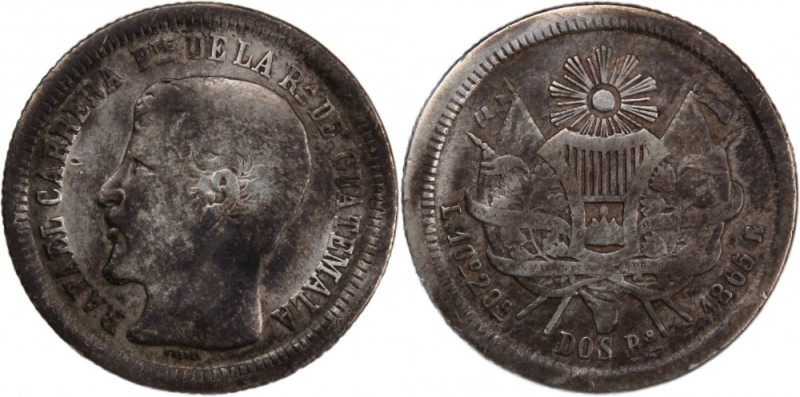 Guatemala 2 Reales 1865 R 
 Guatemala 2 Reales 1865 R Silver KM#139 Over-Date/R...