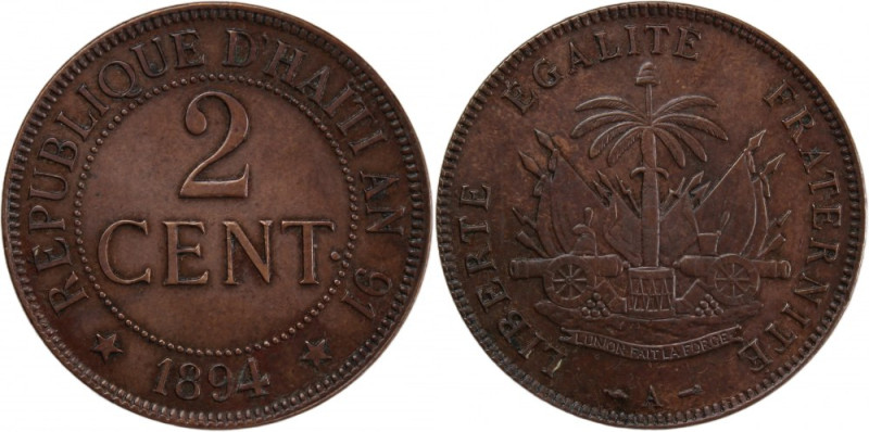 Haiti 2 Centimes 1894 A 
 Haiti 2 Centimes 1894 A Haiti 2 Centimes 1894 A AN 91...