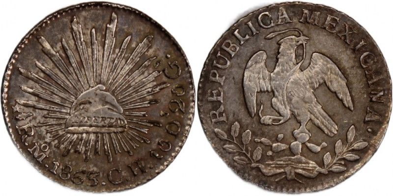 Mexico 1/2 Real 1863/55 Mo СH Overdate 
 Mexico 1/2 Real 1863/55 Mo СH Overdate...